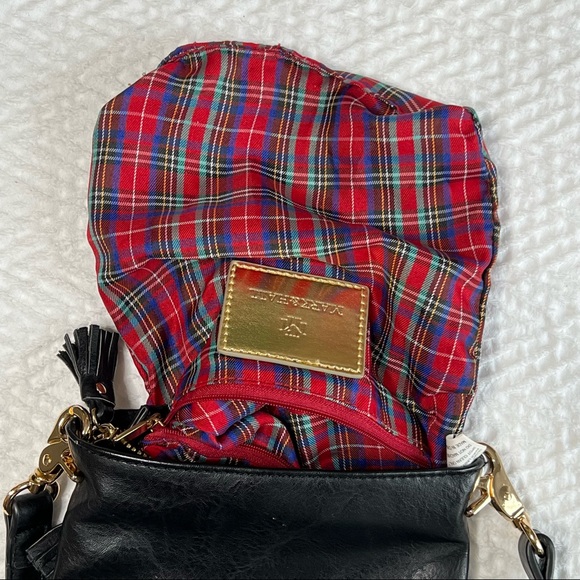 Mark & Hall Black Faux Leather Crossbody Tassels / Plaid / Gold Accents 3 Zipper - Picture 6 of 9